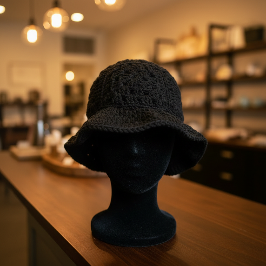 Black Granny Square Bucket Hat