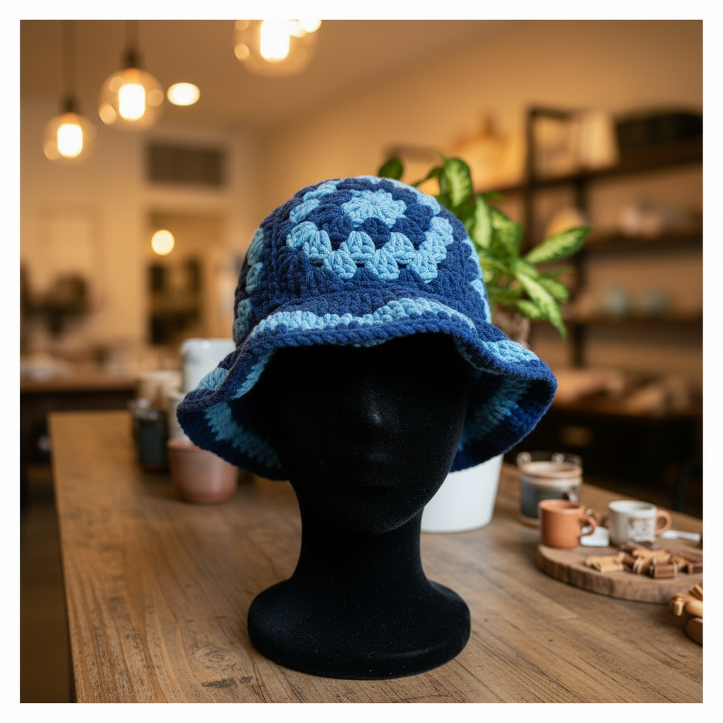 Blue Granny Square Bucket Hat