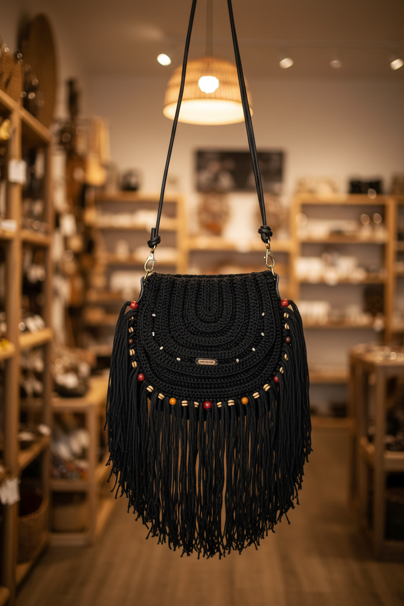 Boho Tassel Sling Bag - Black Styled