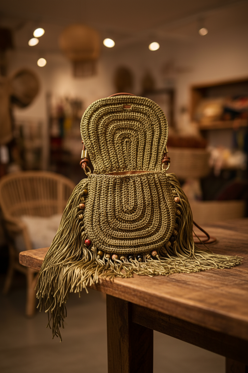 Boho Tassel Sling Bag - Open View on Table