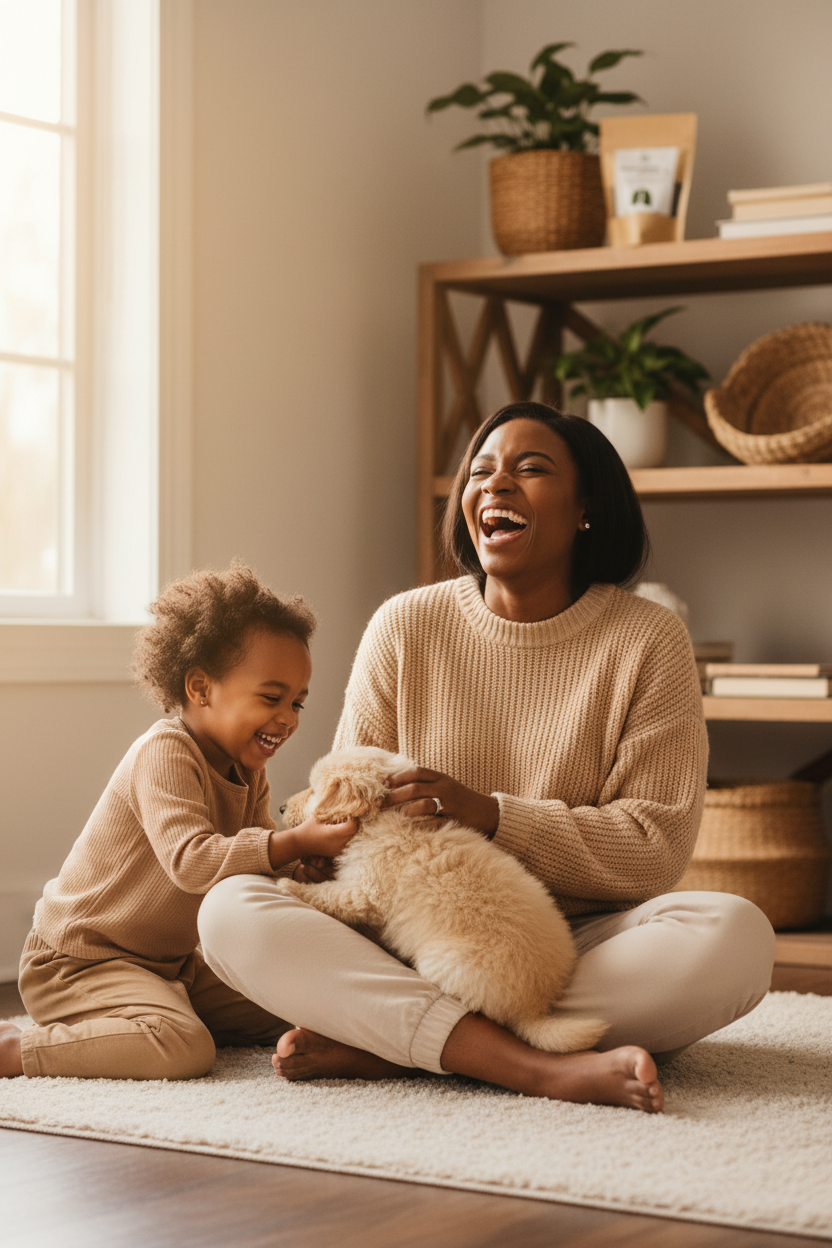 Healed Woman Playing with Daughter and Puppy