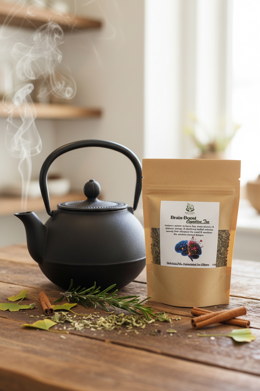 Brain-Boost Cognitive Tea pouch next to a large tea kettle with herbs