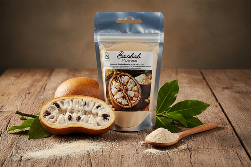 Baobab Powder with baobab fruit and wooden spoon
