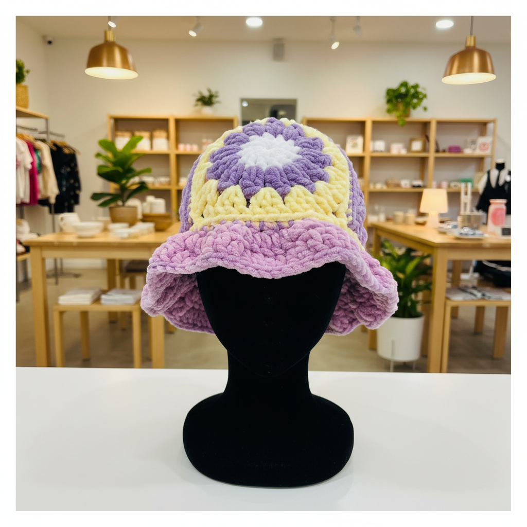 Velvet Daisy Kids Hat - Lavender & Pale Yellow