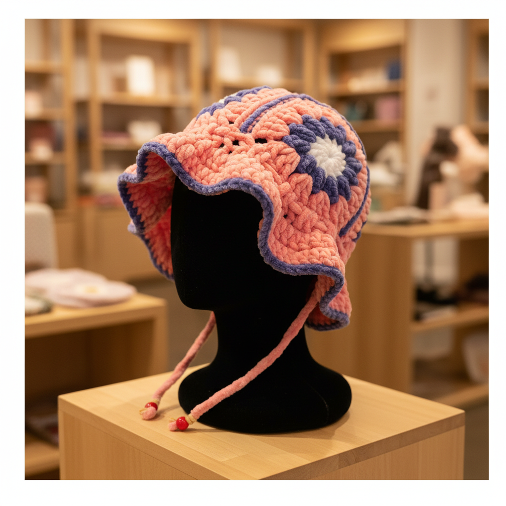 Velvet Daisy Kids Hat - Peach & Sky Blue