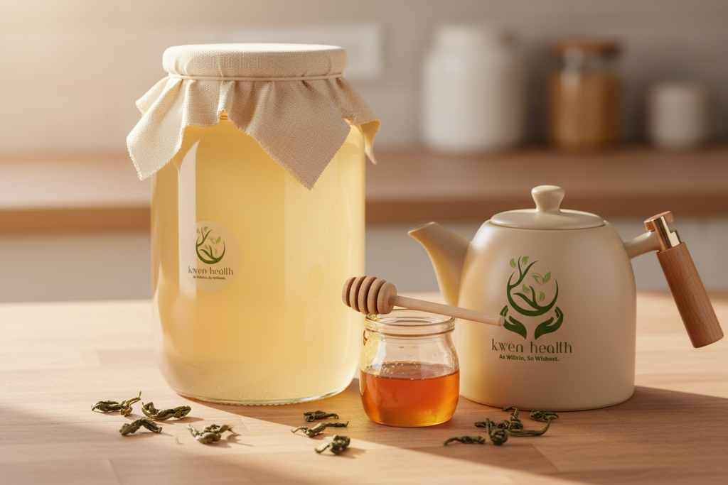 Brewed 2L Jun jar with ceramic teapot, raw honey and green tea leaves