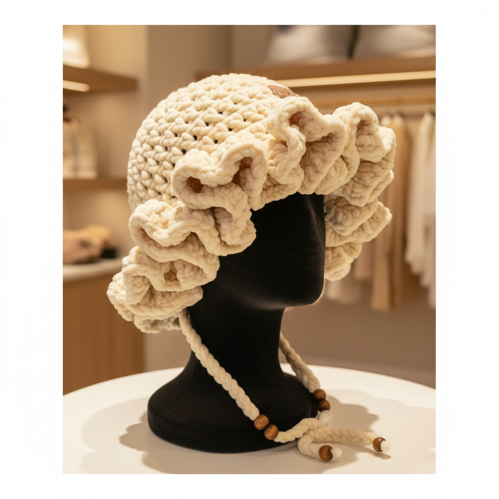 Ruffled Velvet Daisy Hat - Cream