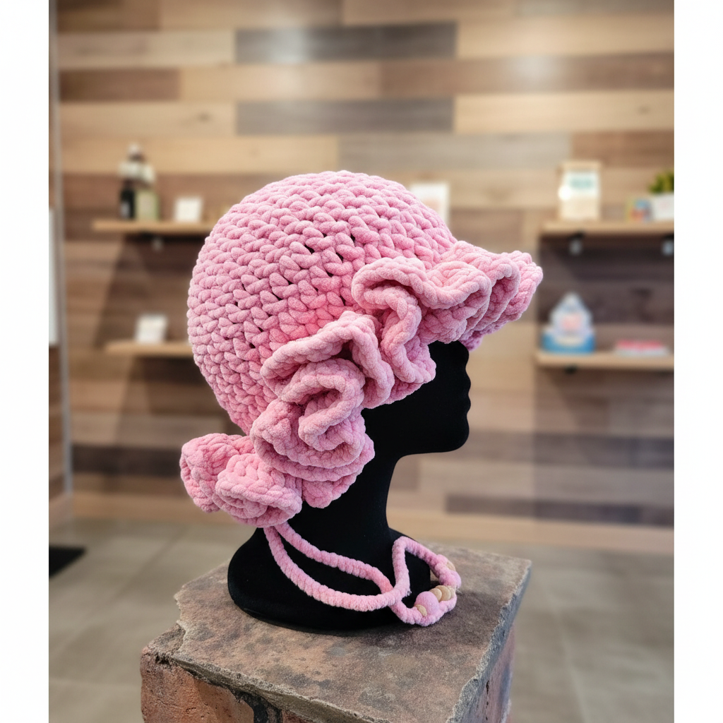 Ruffled Velvet Daisy Hat - Pink