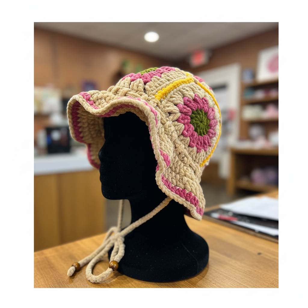 Velvet Daisy Bucket Hat - Beige Pink Yellow Boutique Side View