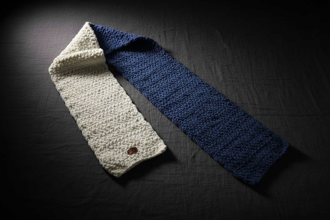Velvet Daisy Lush Scarf - cream and navy blue flat lay