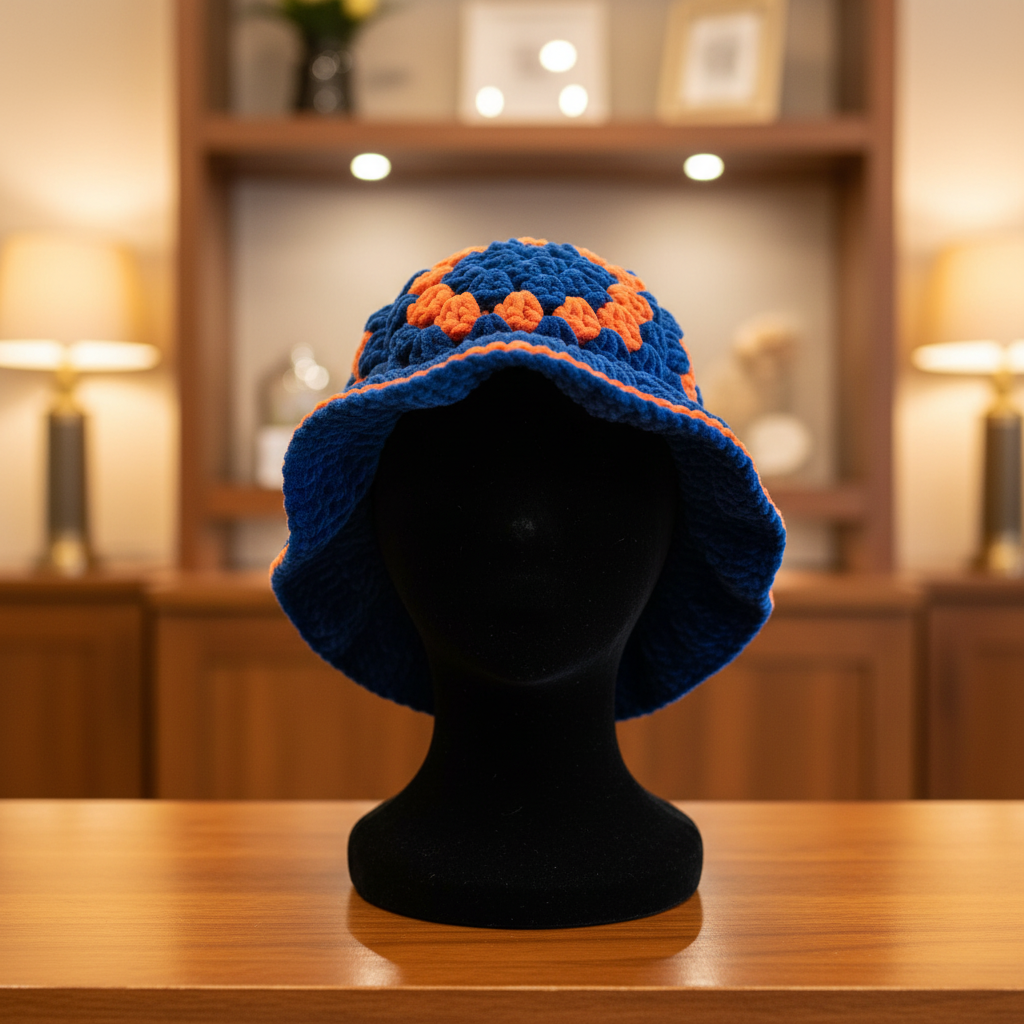 Velvet Daisy Bucket Hat - Cobalt Blue & Orange