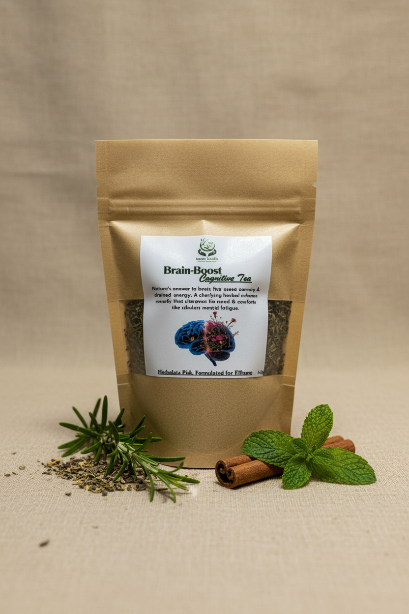 Brain-Boost Cognitive Tea close-up hero product shot on earthy backdrop