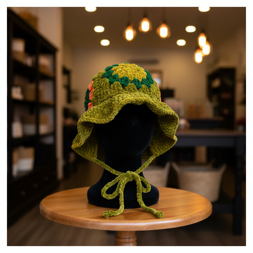 Velvet Daisy Bucket Hat - Mustard Yellow & Forest Green