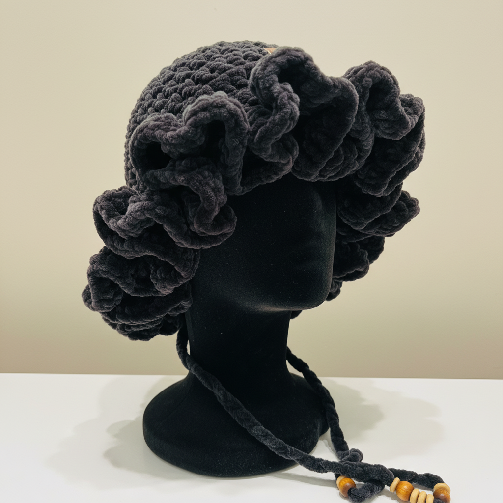 Ruffled Velvet Daisy Hat - Black Close Up