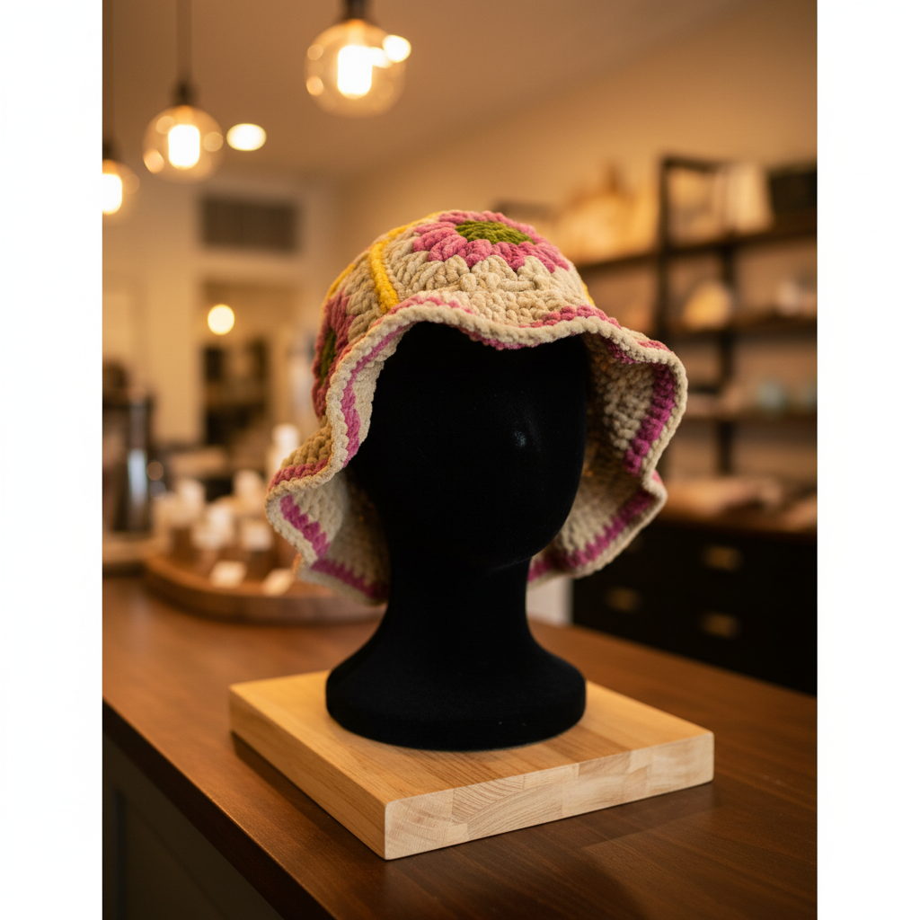 Velvet Daisy Bucket Hat - Beige Pink Yellow Boutique Shot