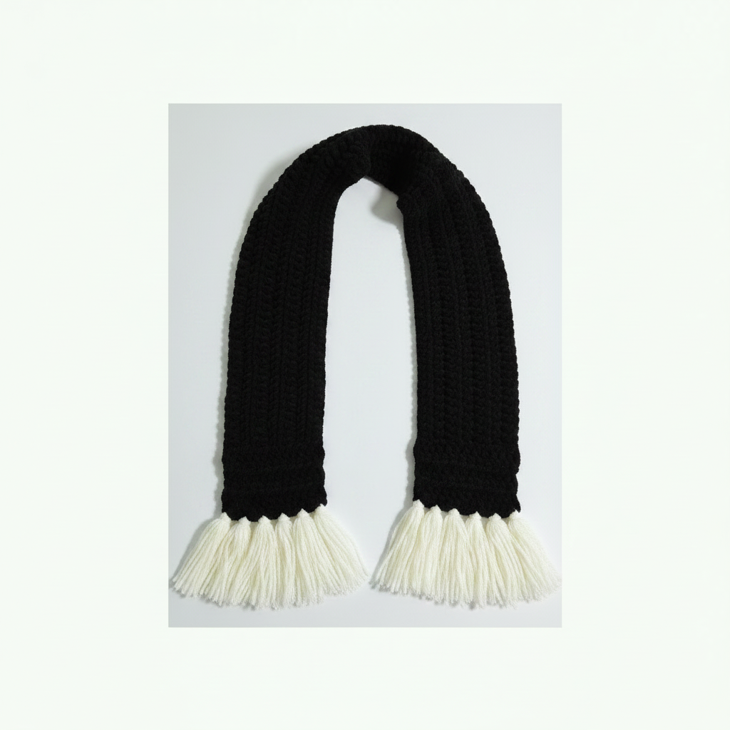Velvet Daisy Curved Tassel Scarf - Black flat lay