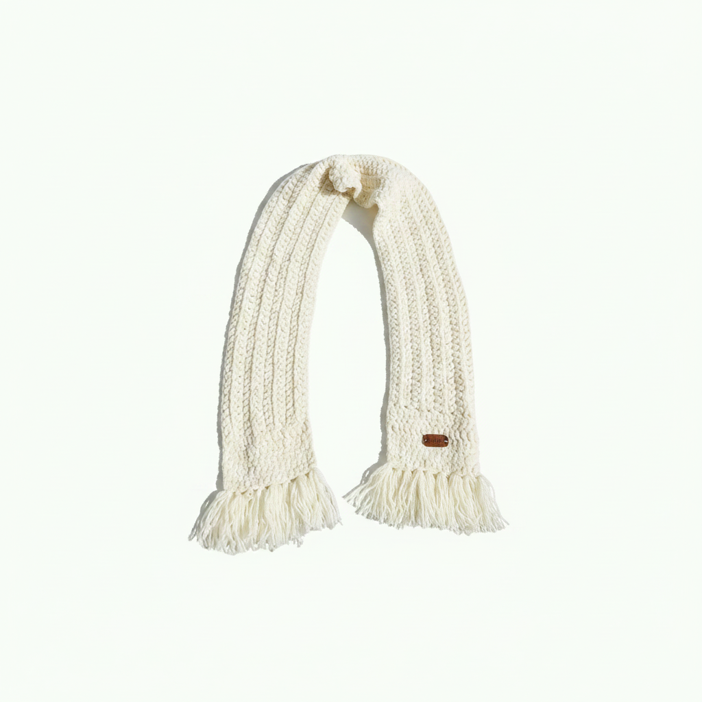 Velvet Daisy Curved Tassel Scarf - White flat lay