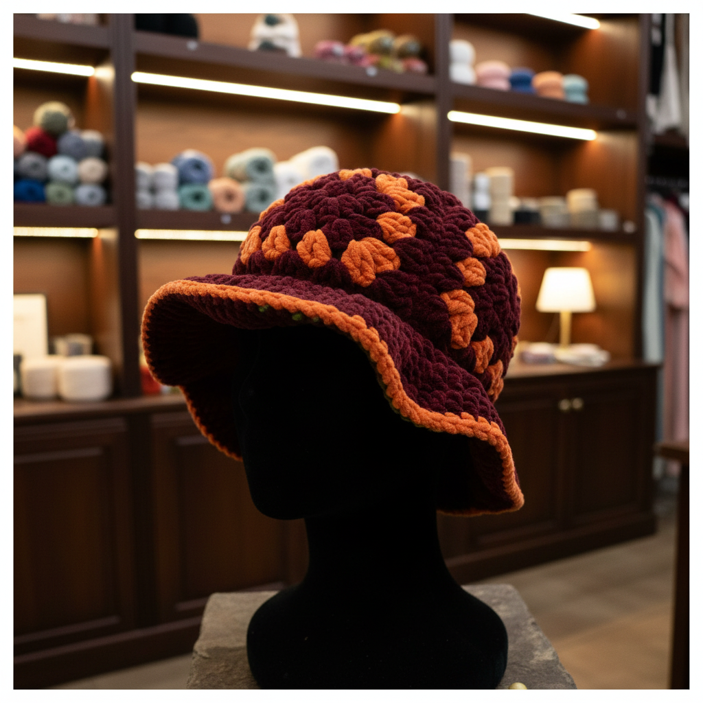 Velvet Daisy Bucket Hat - Burgundy & Burnt Orange