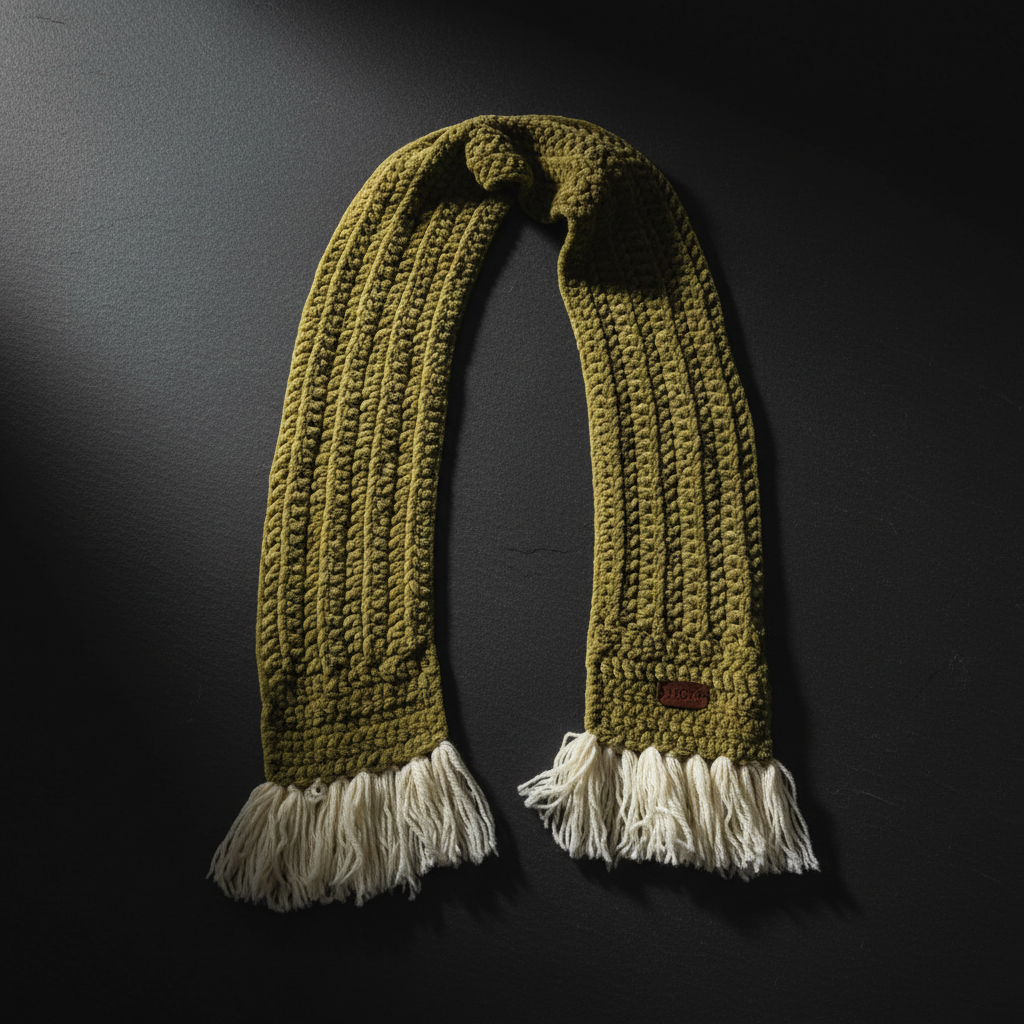 Curved Tassel Scarf - Olive Green flat lay dark