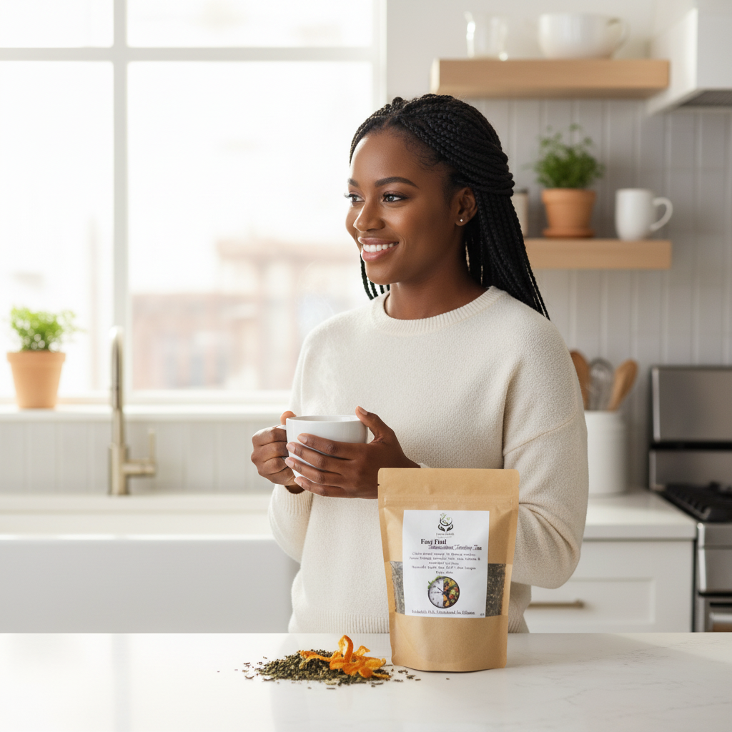 Lady in kitchen drinking Fast-Fuel Intermittent Fasting Tea