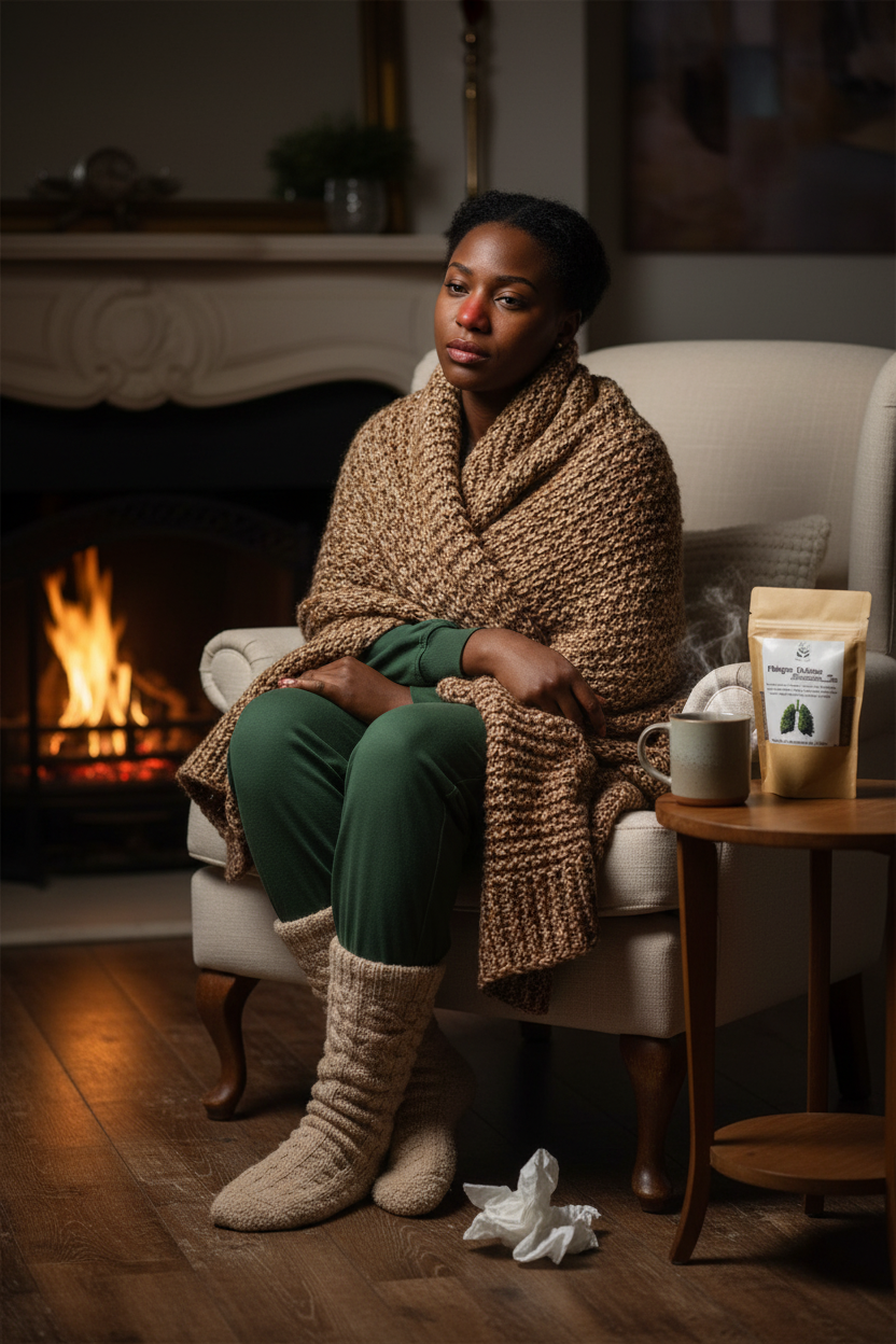 Black woman sick with flu sitting by fireplace with Phlegm-Release Tea