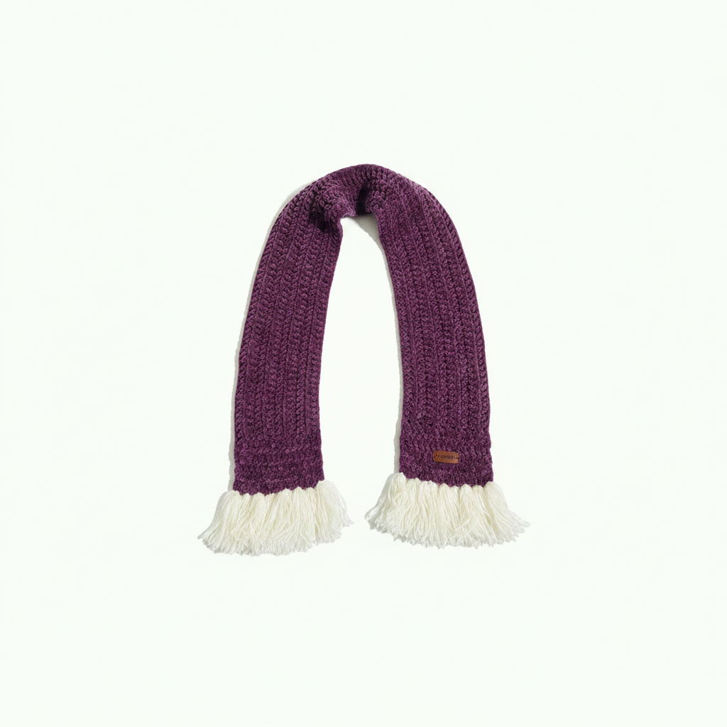 Velvet Daisy Curved Tassel Scarf - Purple flat lay