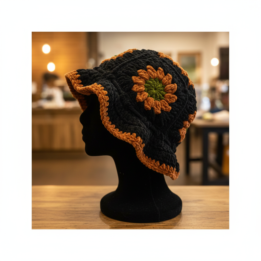 Velvet Daisy Bucket Hat - Black Brown & Orange