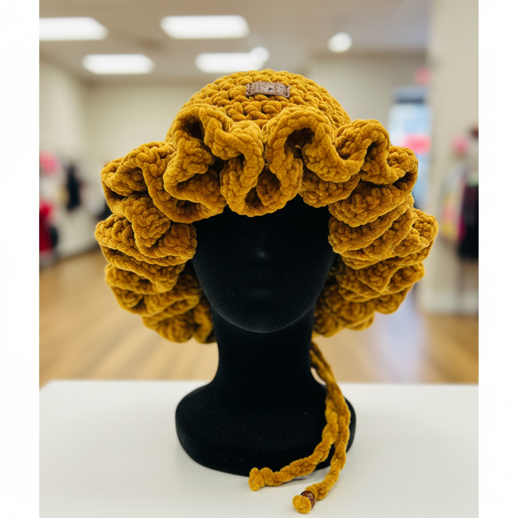 Ruffled Velvet Daisy Hat - Mustard