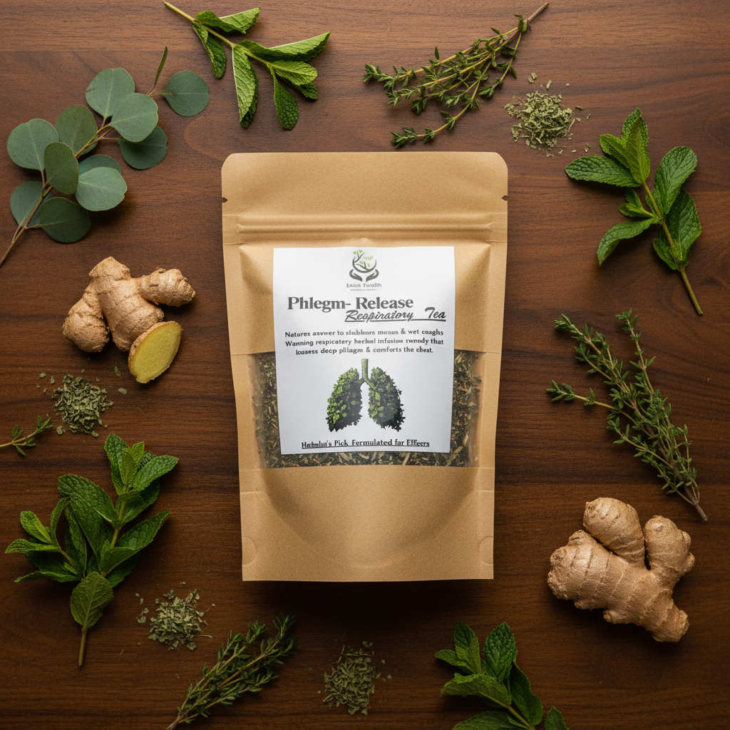 Phlegm-Release Herbal Tea flat lay with herbs and botanicals