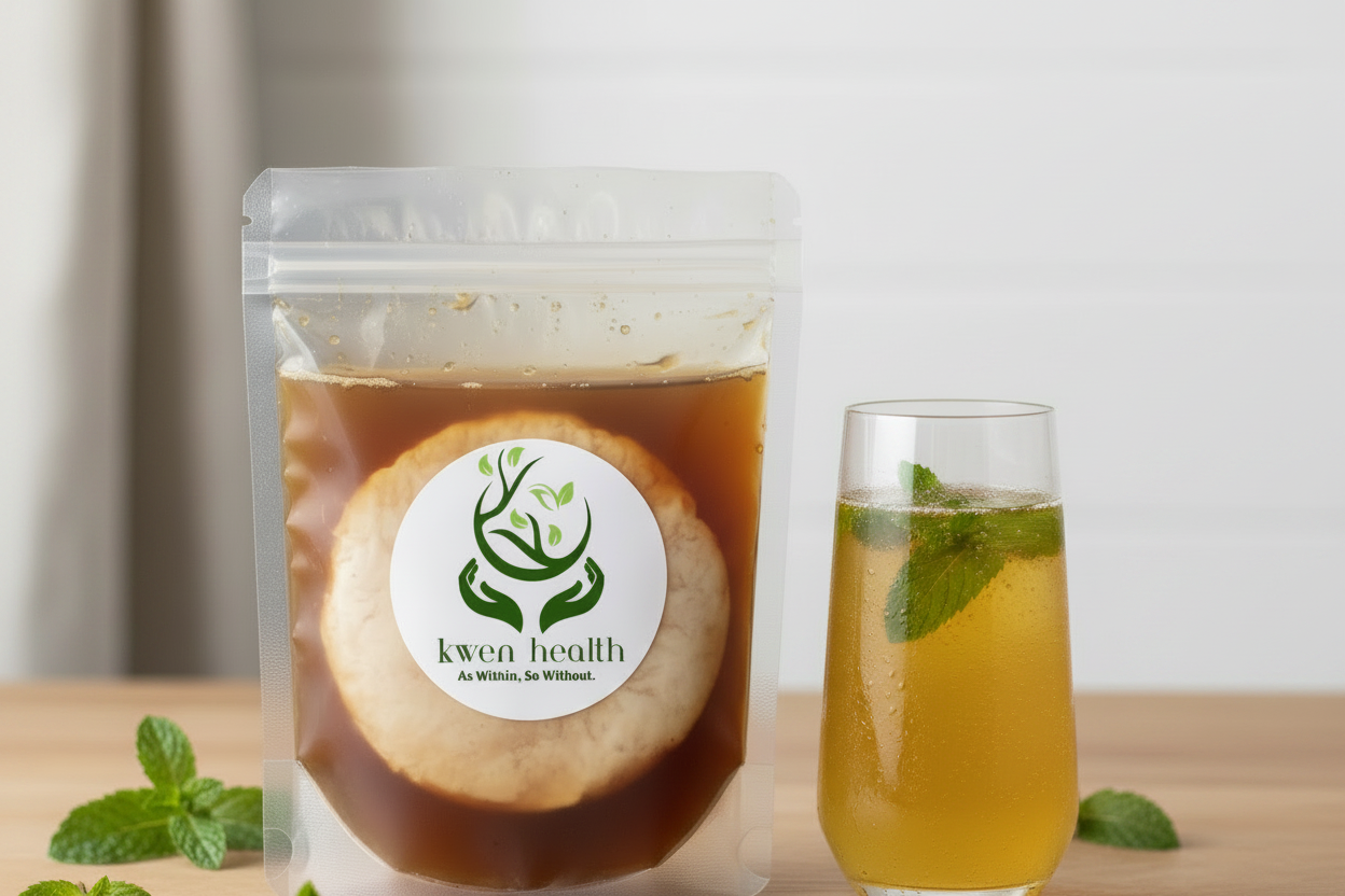 Kombucha SCOBY and starter liquid with a cold glass of golden kombucha