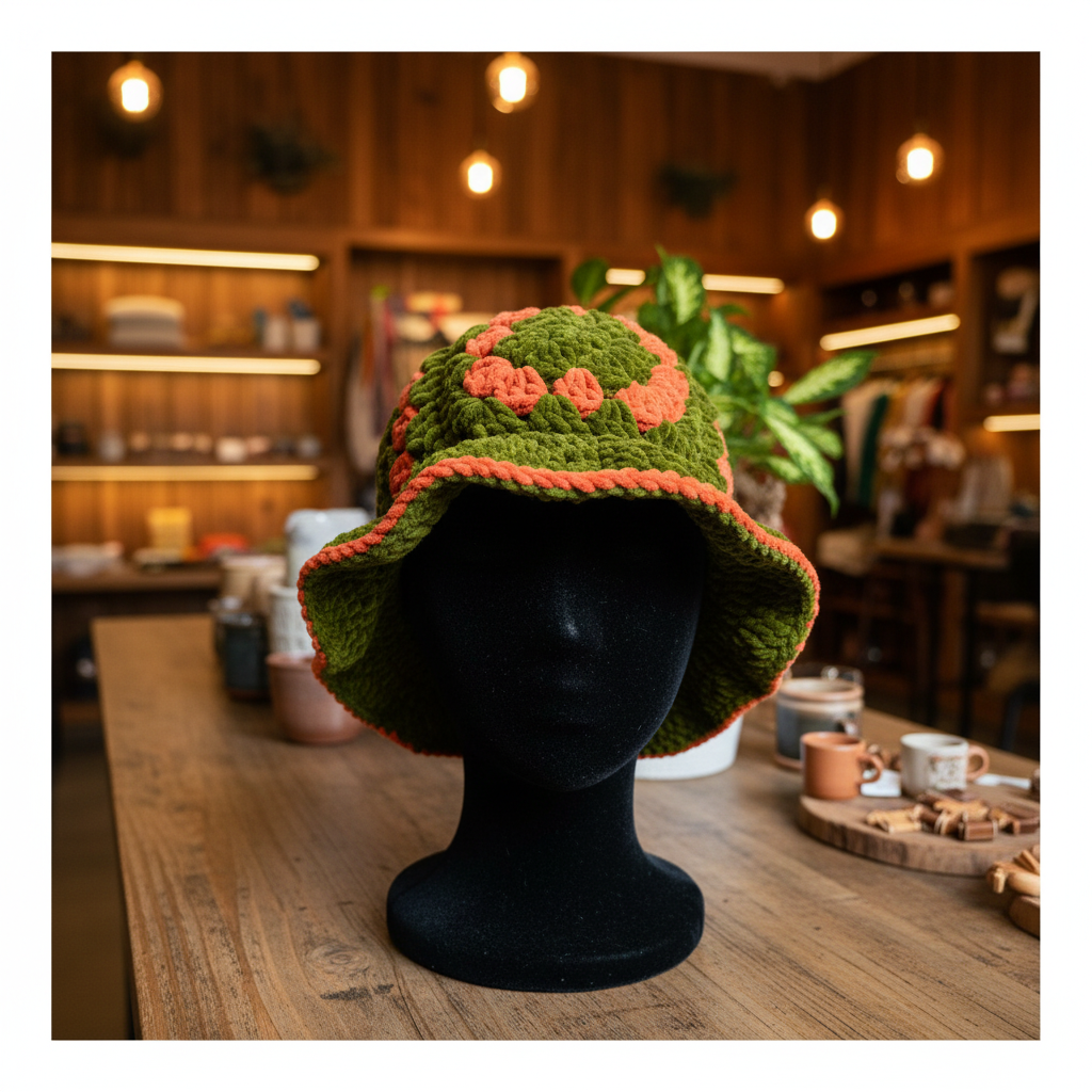 Velvet Daisy Bucket Hat - Green Orange Boutique Shot