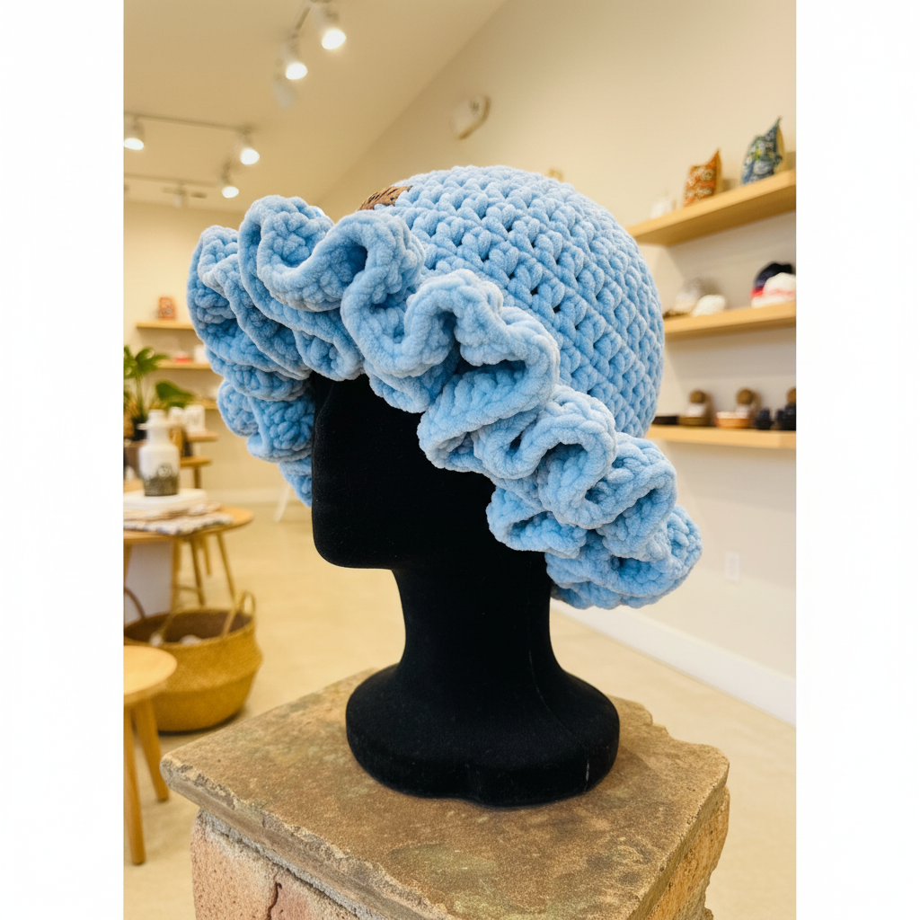 Ruffled Velvet Daisy Hat - Light Blue