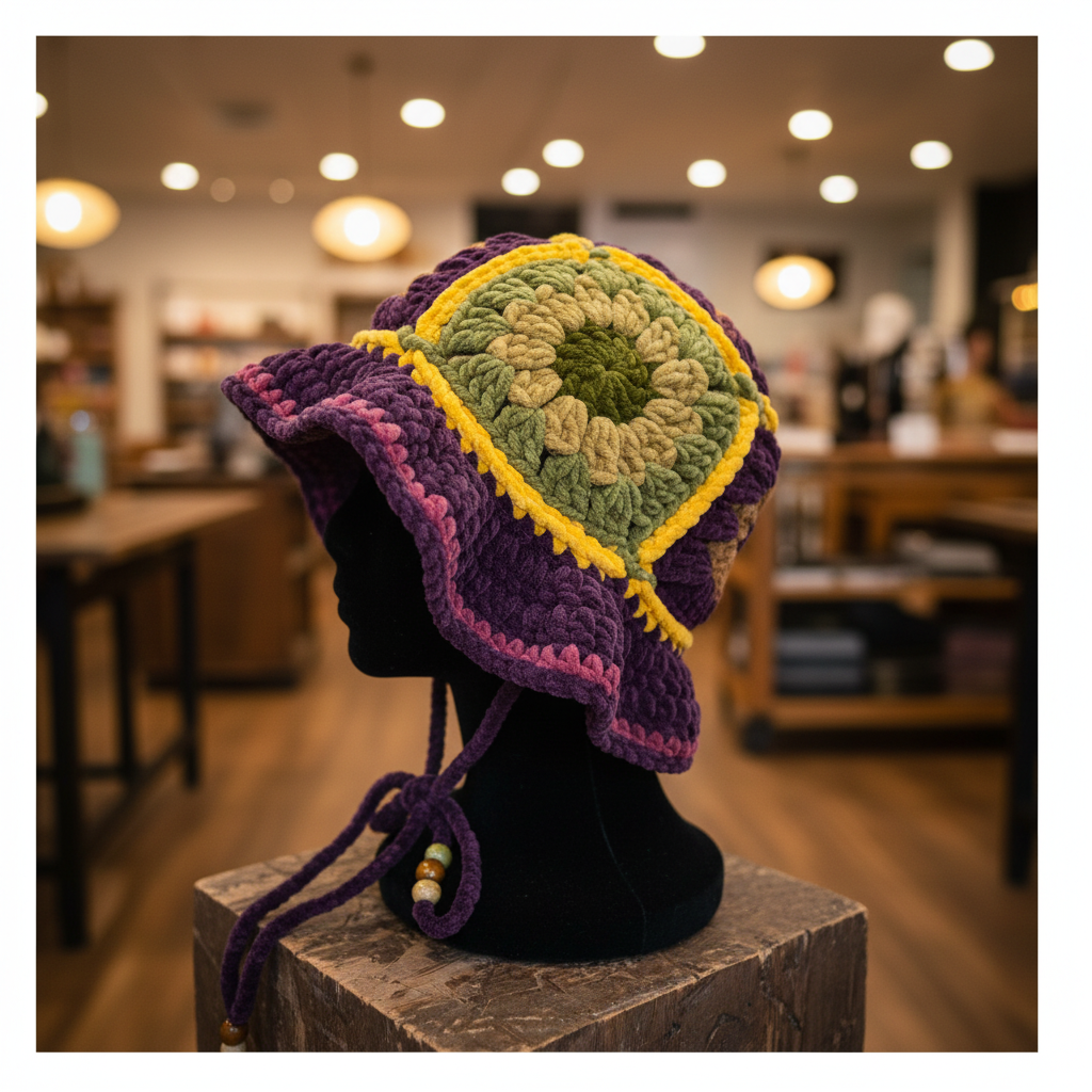 Velvet Daisy Bucket Hat - Purple Khaki Yellow Boutique Side View