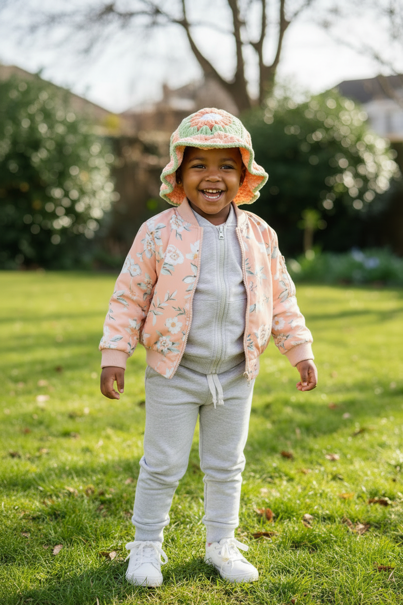 Velvet Daisy Kids Hat - Peach & Pastel Green Girl Editorial